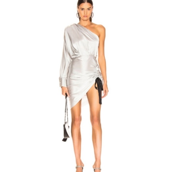 Retrofete Silver Silk Asymmetrical Ruched Neva Dress. Size XS - Picture 15 of 15